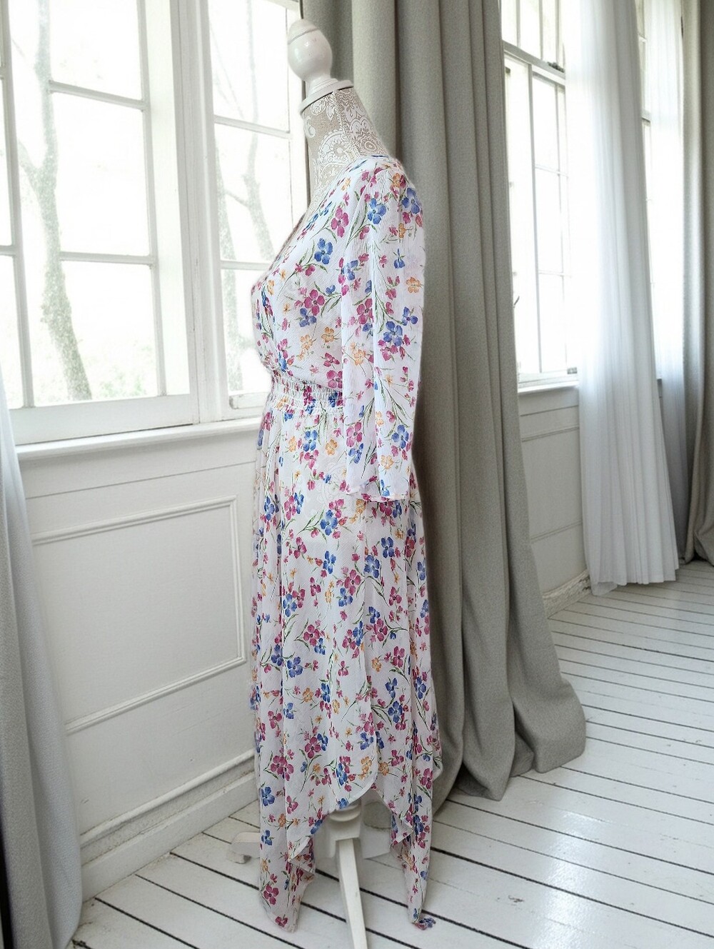 Cato Sheer Cottagecore Floral Handkerchief Hem Boho Fairy Romantic Dress Size L